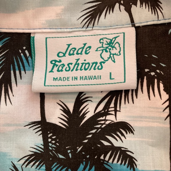 Jade Fashions Hawaiian Shirt Mens Size L Blue Green Palm Trees Made in Hawaii - Picture 2 of 6